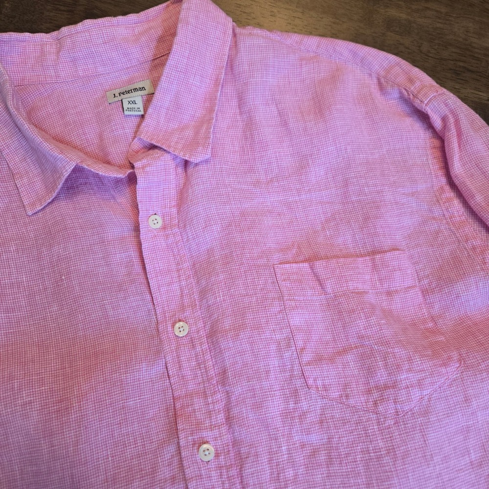 J. Peterman‎ Mens XXL Pink Linen Micro Check Button Down Shirt Made in Portugal